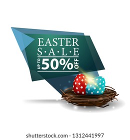 Easter sale, green banner with Easter eggs in the nest