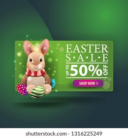 Easter sale, green discount modern banner with Easter bunny