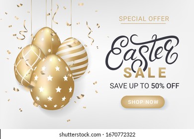 Easter sale hand written lettering text with golden eggs with geometric patterns and golden sparkles confetti. Discount, sell-out banner, card template. Realistic 3d style, vector illustration
