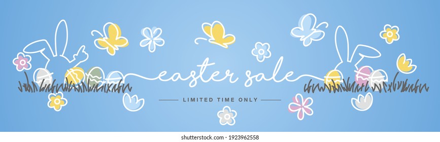 Easter Sale handwritten typography lettering line design bunny colorful flowers butterflies tulips Easter eggs in grass egg hunt blue greeting card