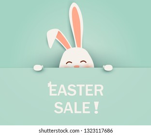 Easter Sale. Happy Easter Rabbit Bunny standing behind a blank sign, showing on big blank sign. Cute, funny cartoon rabbit character. vector illustration.