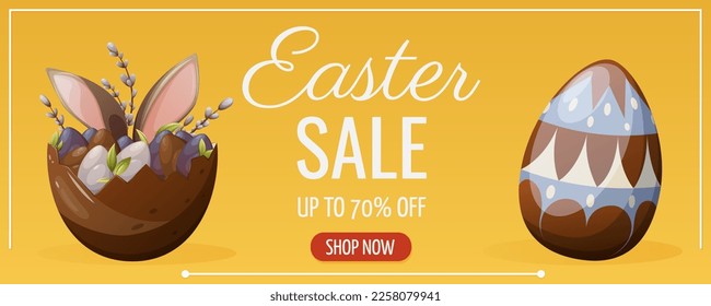 Easter sale. Hare ears and eggs decorated with chocolate, willow twigs. Vector illustration for the spring holiday. Bright horizontal banner, flyer, poster