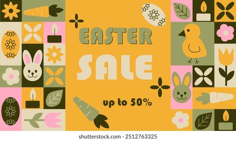 Anuncio Horizontal abstracto de alto contraste de la venta de Pascua en estilo geométrico. Elementos de vacaciones de primavera en Formas geométricas simples, estilo plano de Vector. Bueno para la publicidad y el comercio