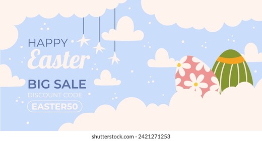 Easter sale horizontal background template for promotion. Design on sky blue background with painted eggs lay on clouds, stars hanging by a string