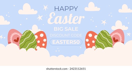 Easter sale horizontal background template for promotion. Design on sky blue background with painted eggs lay on white clouds