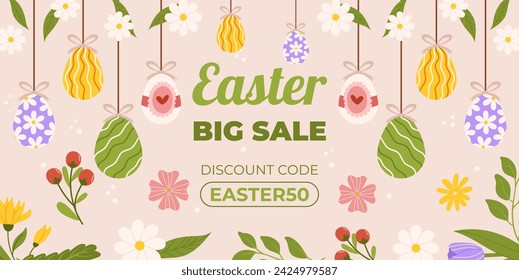 Easter sale horizontal background template for promotion. Design with  painted eggs, flowers and carrots. Spring seasonal advertising. Hand drawn flat vector illustration
