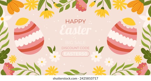 Easter sale horizontal background template for promotion. Design with  two painted eggs, floral elements, symmetrical composition. Hand drawn flat vector illustration