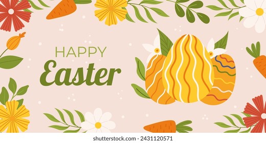 Easter sale horizontal background template for promotion. Design with three orange painted eggs, flowers and leaves, carrot