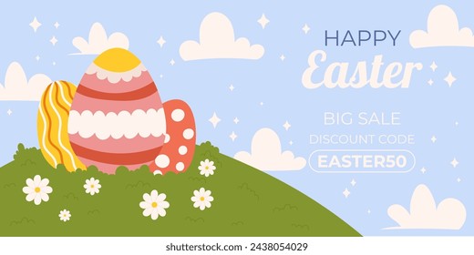 Easter sale horizontal background template for promotion. Design on sky blue background with painted eggs and green grass, white daisy and clouds