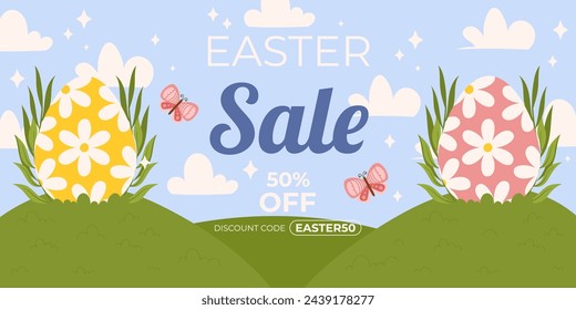 Easter sale horizontal background template for promotion. Design on sky blue background with green grass field, painted eggs and butterfly