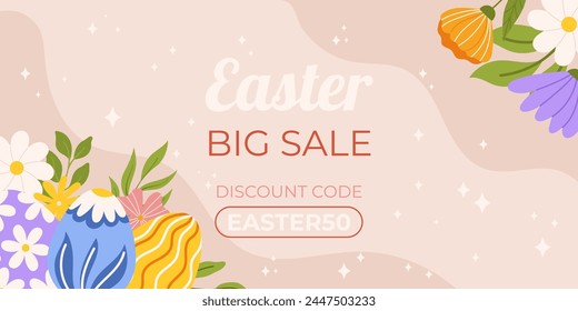 Plantilla de fondo Horizontal de la venta de Pascua para la promoción. Diseño con huevos pintados en esquina izquierda y flores en derecha