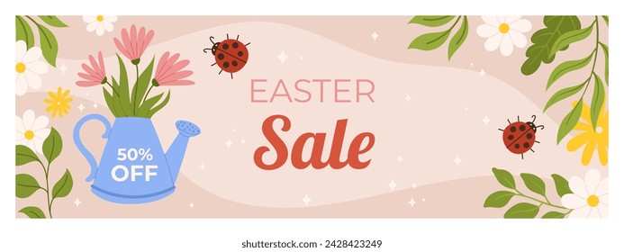 Easter sale horizontal banner template for promotion. Design with watering cane as vase, flowers around and cute ladybug