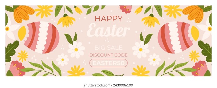 Plantilla de banner horizontal de venta de Pascua para promoción. Diseño con dos huevos pintados, elementos florales, composición simétrica. Dibujado a mano ilustración vectorial plana
