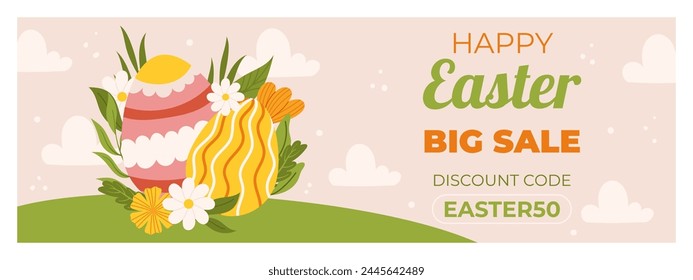Easter sale horizontal banner template for promotion. Design with painted eggs on green grass field with flowers and leaves. Spring seasonal advertising. Hand drawn flat vector illustration