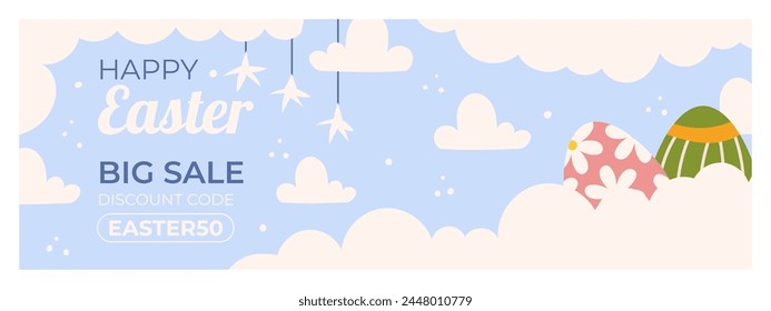 Easter sale horizontal banner template for promotion. Design on sky blue background with painted eggs lay on clouds, stars hanging by a string