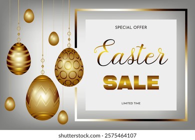 Easter sale horizontal banner template on grey background with golden shining eggs