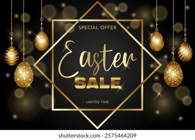 Easter sale horizontal banner template on black background with golden shining eggs