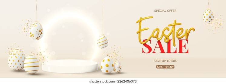 Easter sale horizontal banner. Vector holiday illustration with golden 3d lettering, podium, neon circle, decorative eggs and confetti. Happy Easter banner for presentation of products or goods.