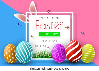 Easter Sale Illustration with Color Painted Egg and Typography Element on Abstract Background. Vector Holiday Design Template for Coupon, Banner, Voucher or Promotional Poster.