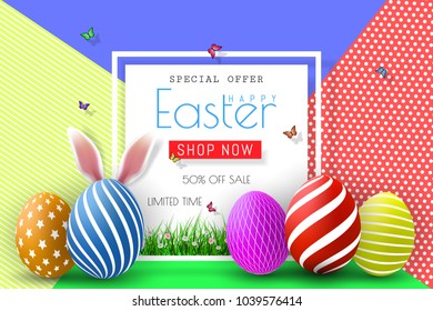 Easter Sale Illustration with Color Painted Egg and Typography Element on Abstract Background. Vector Holiday Design Template for Coupon, Banner, Voucher or Promotional Poster