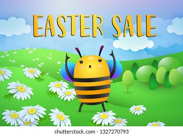 Easter Sale lettering with bee cartoon character on lawn. Easter offer advertising design. Typed text, calligraphy. For leaflets, brochures, invitations, posters or banners.