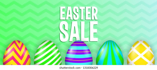 Easter Sale lettering with bright decorated eggs. Easter sale advertising design. Typed text, calligraphy. For posters, invitations, banners, leaflets and brochures.