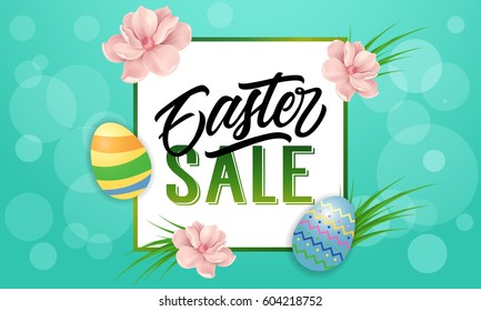 Easter sale lettering, eggs and flowers