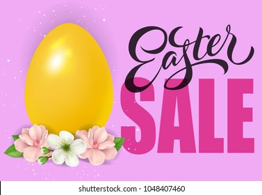 Easter sale lettering with golden egg and flowers on pink background. Advertisement, retail, promotion. Easter holiday concept. Can be used for posters, leaflets and brochure