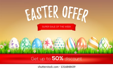 Easter sale, limited offer. Get up to 50 percent discount. Design of promotional text on red ribbons. Set of hand-painting Easter eggs in green spring grass. Festive discount actions