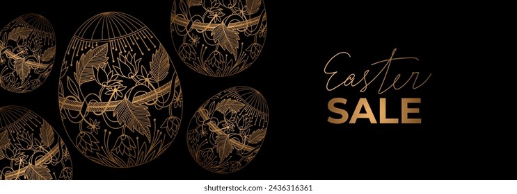 Easter sale luxury banner. Golden painted easter eggs. Template with patterned eggs