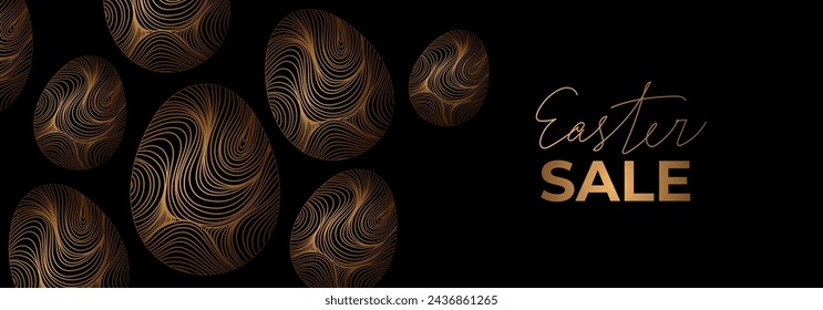 Easter sale luxury banner. Golden painted easter eggs. Template with patterned eggs