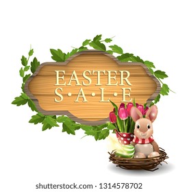 Easter sale, modern banner in form of wooden board with Easter Bunny and tulips