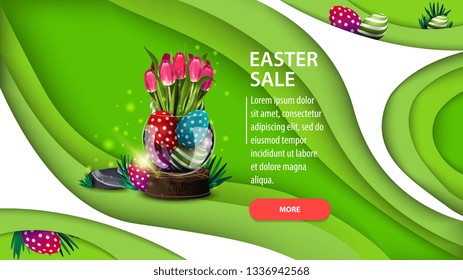 Easter sale, modern green horizontal discount banner in paper cut style design with button, vase with Easter eggs and tulips