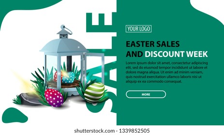 Easter sale, modern green horizontal discount banner with button and antique lantern with Easter eggs