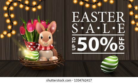Easter sale, modern horizontal discount banner with wood texture, garland, Easter Bunny and tulips