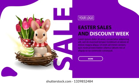Easter sale, modern purple horizontal discount banner with button, Easter Bunny and tulips