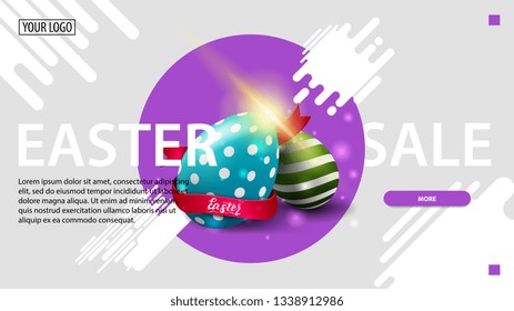 Easter sale, modern white horizontal discount banner with purple circle, button and Easter eggs