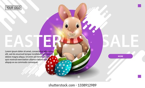 Easter sale, modern white horizontal discount banner with purple circle, button and Easter Bunny in egg