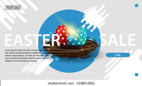 Easter sale, modern white horizontal discount banner with blue circle, button and Easter eggs in the nest