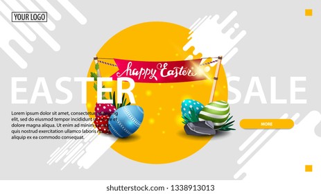 Easter sale, modern white horizontal discount banner with yellow circle, button, Easter eggs and flag