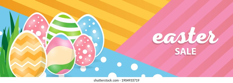 Easter sale offer, banner template. Colored Easter eggs isolated on flat background. Web banner or poster design. Vector illustration.
