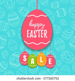 Easter sale offer, banner template. Colored eggs with lettering, isolated on blue seamless background. Easter paper eggs sale tags. Spring Shop market poster design. Vector