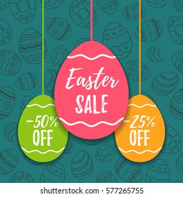 Easter sale offer, banner template. Colored eggs with lettering, isolated on blue seamless background. Easter paper eggs sale tags. Spring Shop market poster design. Vector