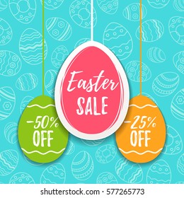 Easter sale offer, banner template. Colored eggs with lettering, isolated on blue seamless background. Easter paper eggs sale tags. Spring Shop market poster design. Vector