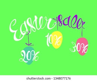 Easter sale offer. Beautiful calligraphy in one line with hanging colored eggs with discounts, salad green background