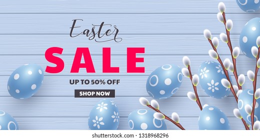 Easter sale offer. Vector template for Easter holidays discounts. 3d eggs and willow branches on white wooden background. Top view.