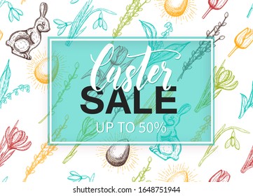 Easter Sale on pattern with hand drawn easter egg, chocolate bunny, lilies of the valley, tulip, snowdrop, crocus, willow. Up to 50%. Hand made lettering- Easter Sale