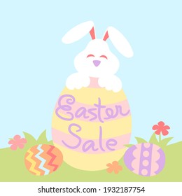 Easter sale with painted eggs and rabbit