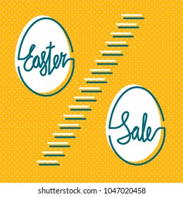 Easter Sale Percent Sign Hand Drawn Logo and Egg Shapes Outlines Combined with Lettering - Turquoise and White Elements on Orange Dots Wallpaper Background - Trendy Style Graphic Design