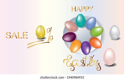Easter sale. Plate with Easter eggs.. Vector illustration.